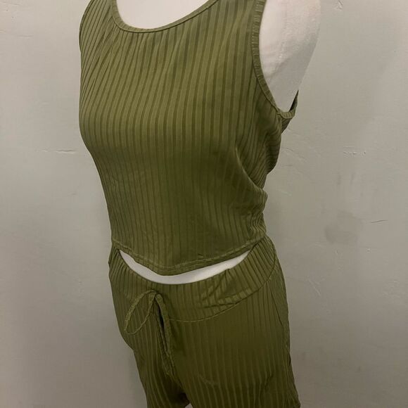 Olive Green Ribbed Tank and Shorts Set - Picture 1 of 8